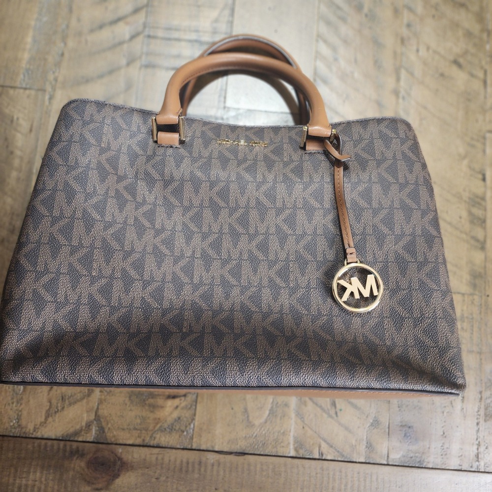 Michael Kors Brown Signature Logo Satchel Bag Gold Tone Hardware Tote